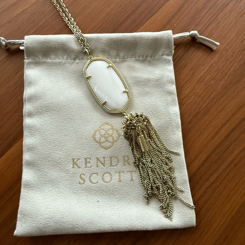 Kendra Scott Rayne Necklace Long Adjustable, Gold/White Pendant w/ Tassel